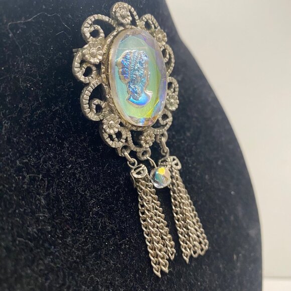 Iridescent Glass Cameo Brooch Intaglio Tassel Dangle Silver Tone Filigree AB Pin - Picture 3 of 13